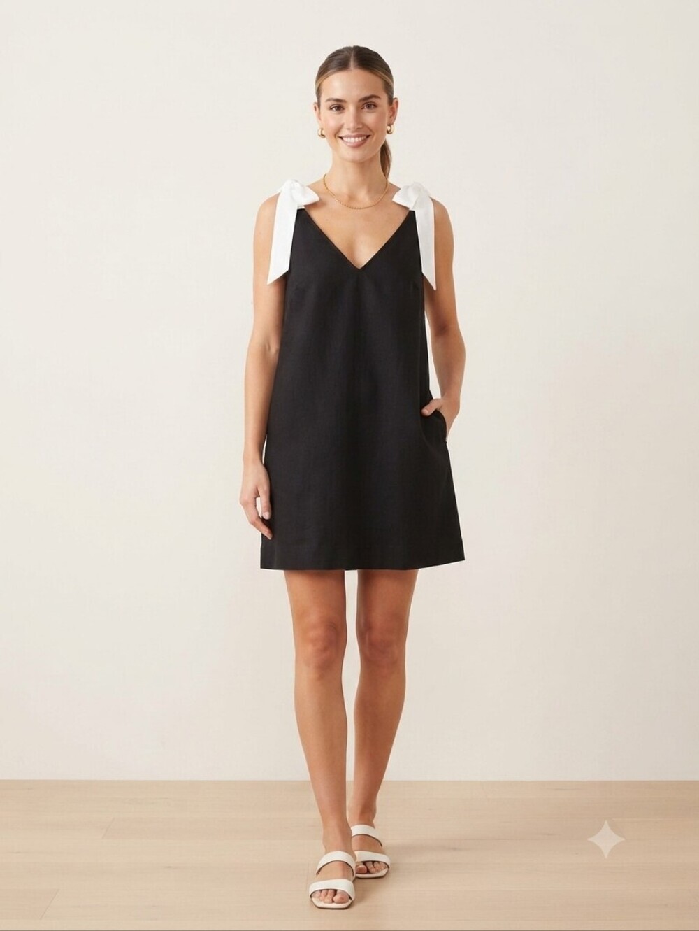 H&M Black Sleeveless V-Neck Dress with White Tie Detail